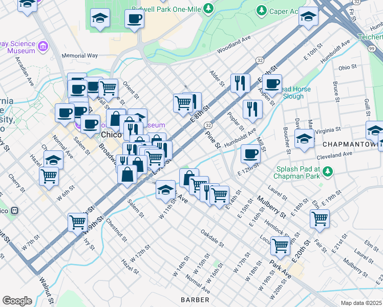 map of restaurants, bars, coffee shops, grocery stores, and more near 473 East 9th Street in Chico