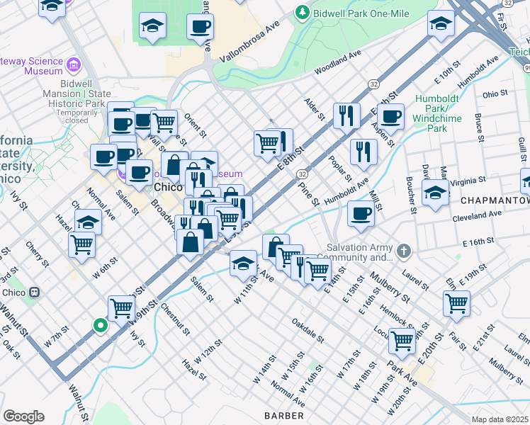 map of restaurants, bars, coffee shops, grocery stores, and more near 395 East 9th Street in Chico