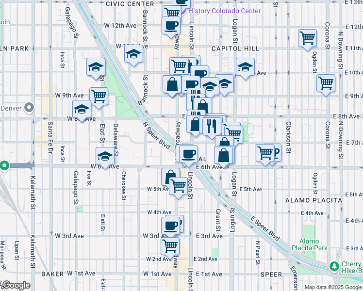 map of restaurants, bars, coffee shops, grocery stores, and more near 1 Speer Boulevard in Denver