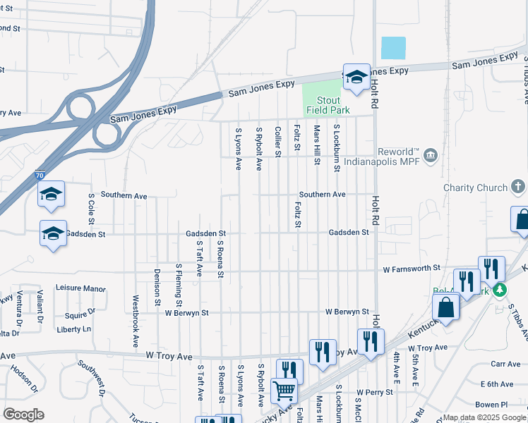 map of restaurants, bars, coffee shops, grocery stores, and more near 2609 South Rybolt Avenue in Indianapolis