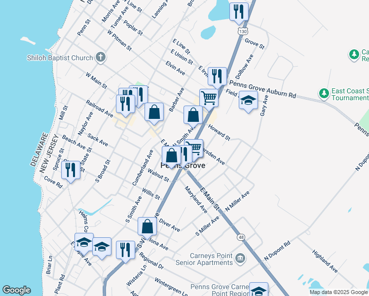 map of restaurants, bars, coffee shops, grocery stores, and more near 4 North Virginia Avenue in Penns Grove