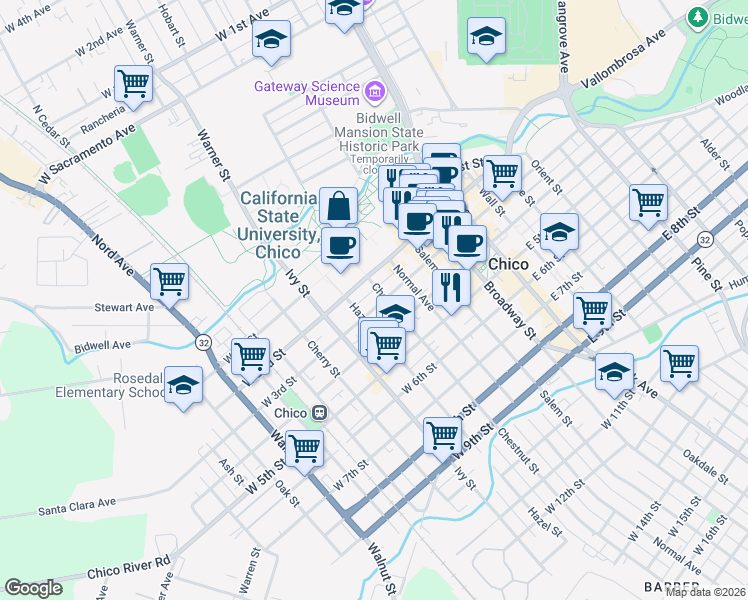 map of restaurants, bars, coffee shops, grocery stores, and more near 442 West 3rd Street in Chico