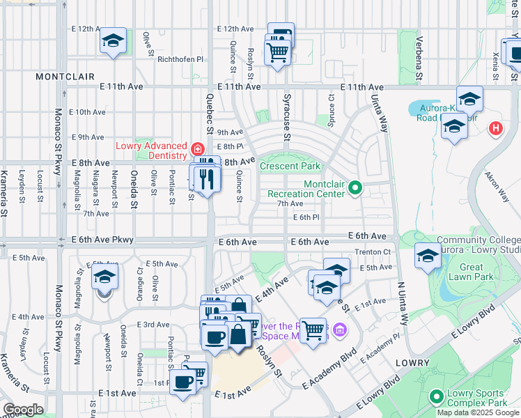 map of restaurants, bars, coffee shops, grocery stores, and more near 691 Roslyn Street in Denver