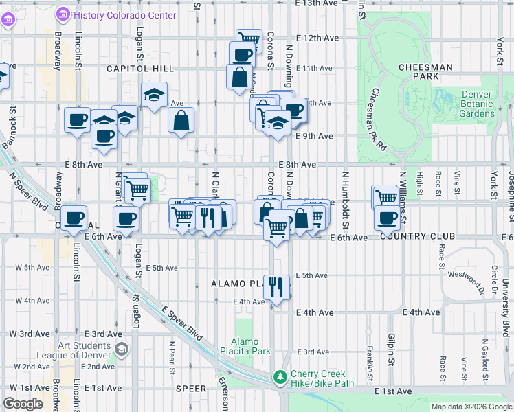 map of restaurants, bars, coffee shops, grocery stores, and more near 707 Corona Street in Denver