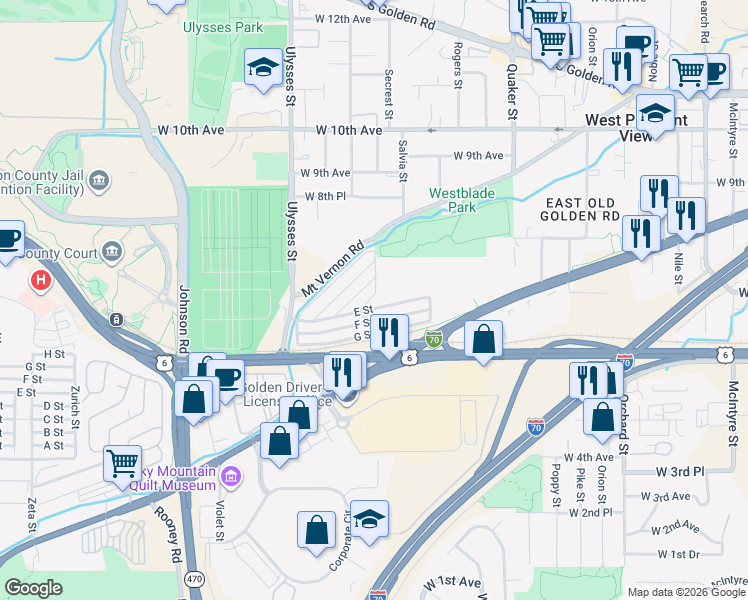map of restaurants, bars, coffee shops, grocery stores, and more near 17190 Mount Vernon Road in Golden