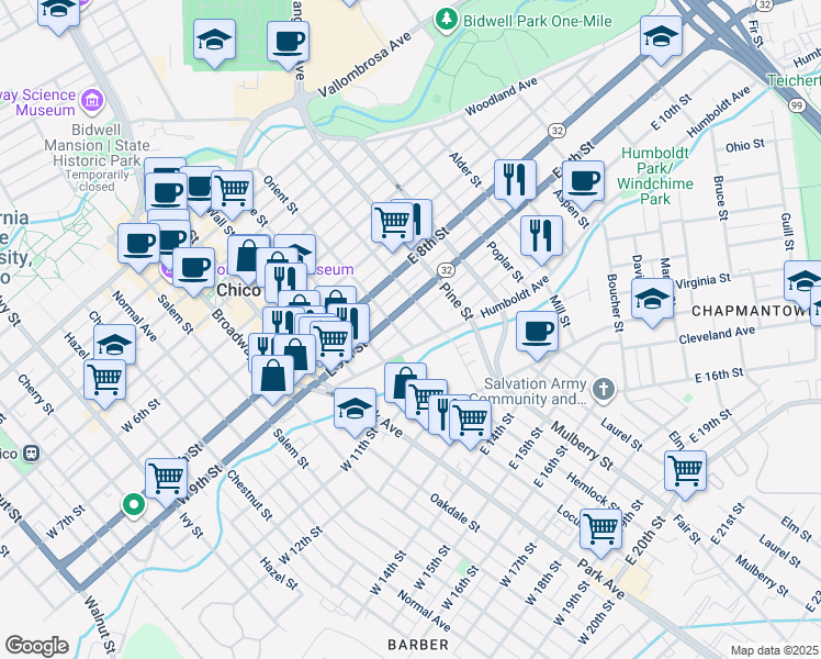 map of restaurants, bars, coffee shops, grocery stores, and more near 473 East 9th Street in Chico