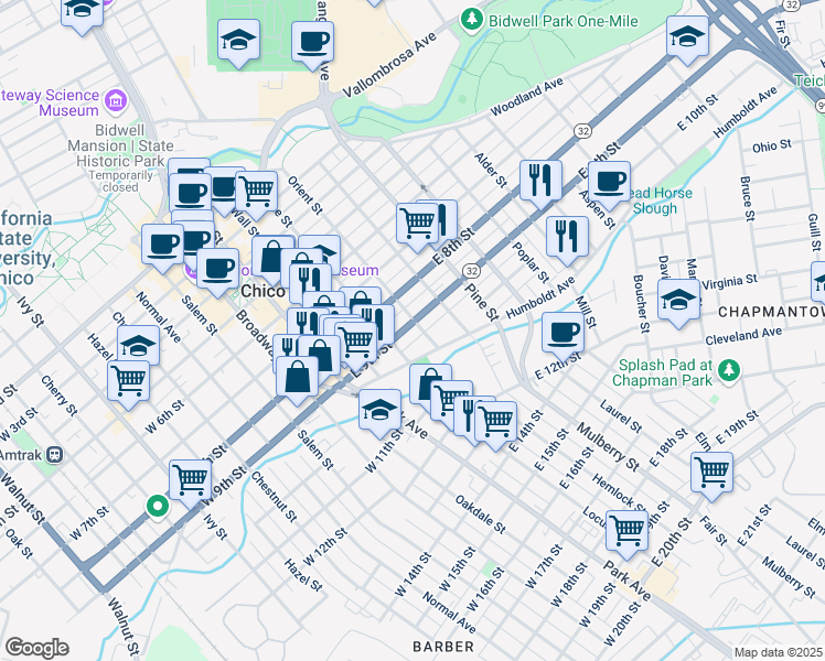 map of restaurants, bars, coffee shops, grocery stores, and more near 473 East 9th Street in Chico