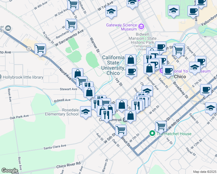 map of restaurants, bars, coffee shops, grocery stores, and more near 400 West 1st Street in Chico