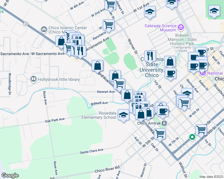 map of restaurants, bars, coffee shops, grocery stores, and more near 437 Nord Avenue in Chico