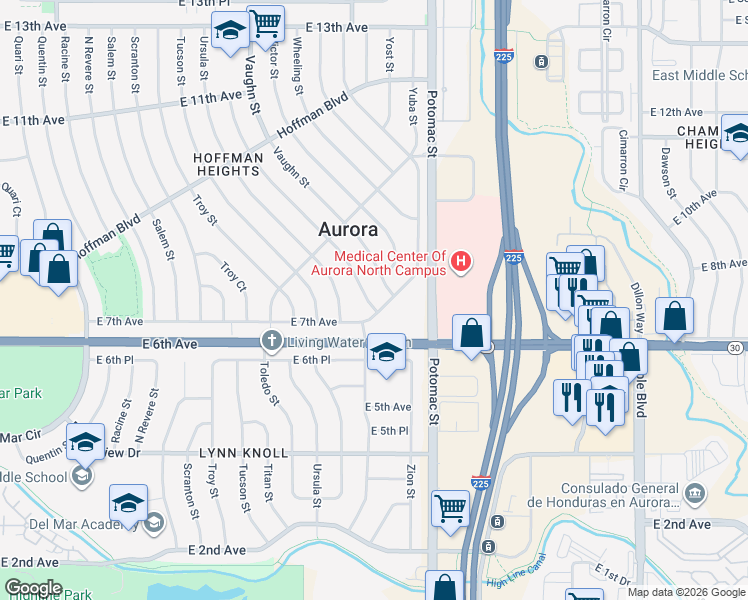 map of restaurants, bars, coffee shops, grocery stores, and more near 729 Vaughn Street in Aurora