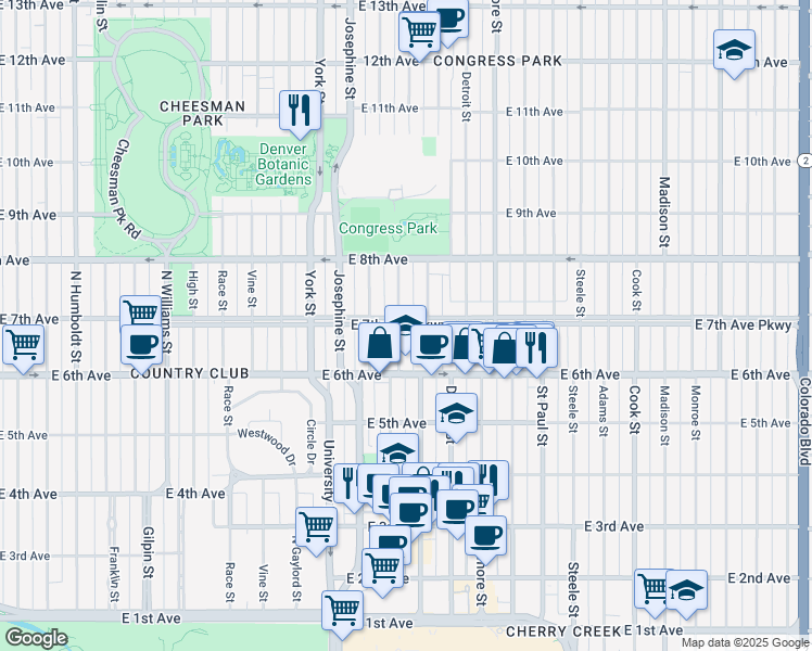 map of restaurants, bars, coffee shops, grocery stores, and more near in Denver