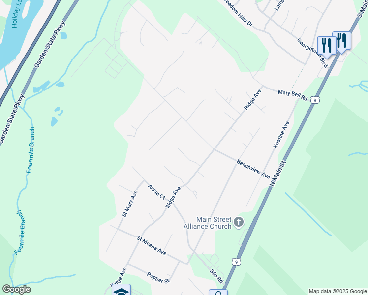 map of restaurants, bars, coffee shops, grocery stores, and more near 14 Willow Court in Stafford Township