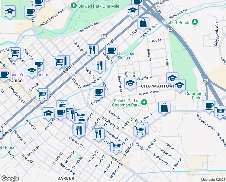 map of restaurants, bars, coffee shops, grocery stores, and more near 684 East 12th Street in Chico