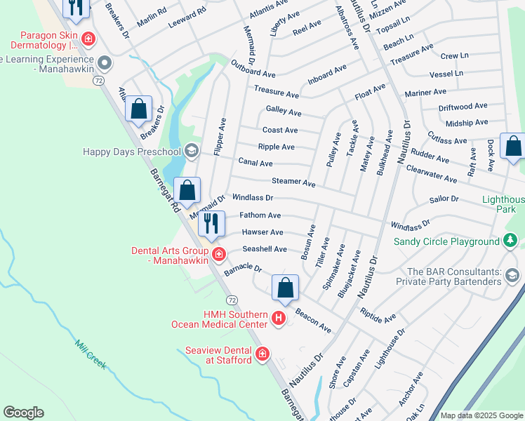 map of restaurants, bars, coffee shops, grocery stores, and more near 1116 Fathom Avenue in Stafford Township