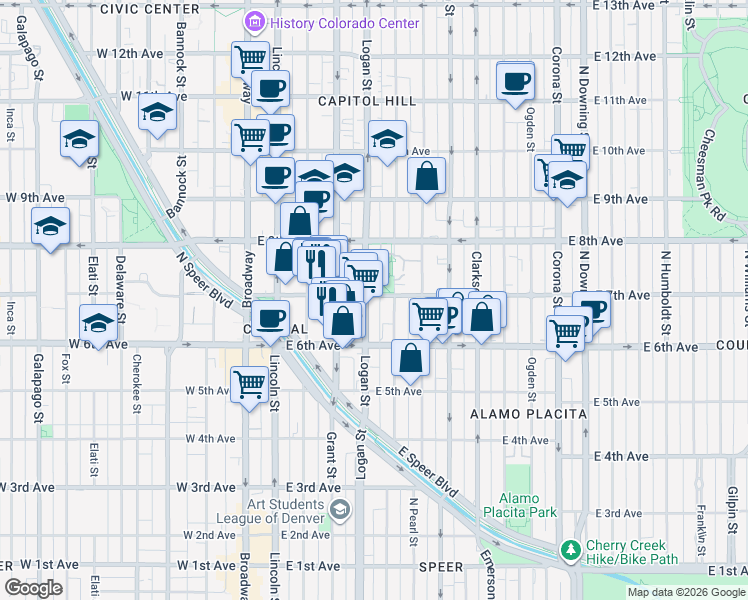 map of restaurants, bars, coffee shops, grocery stores, and more near 701 Pennsylvania Street in Denver