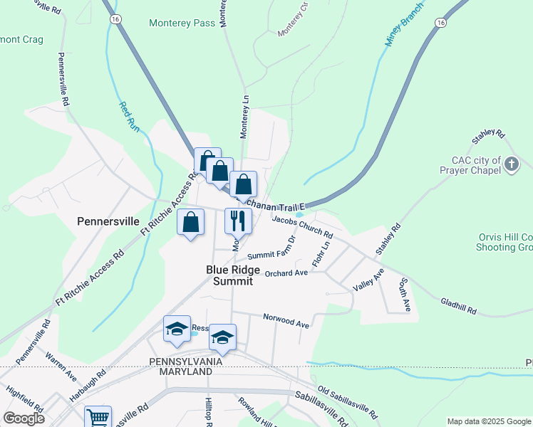 map of restaurants, bars, coffee shops, grocery stores, and more near 15380 Jacobs Church Road in Blue Ridge Summit