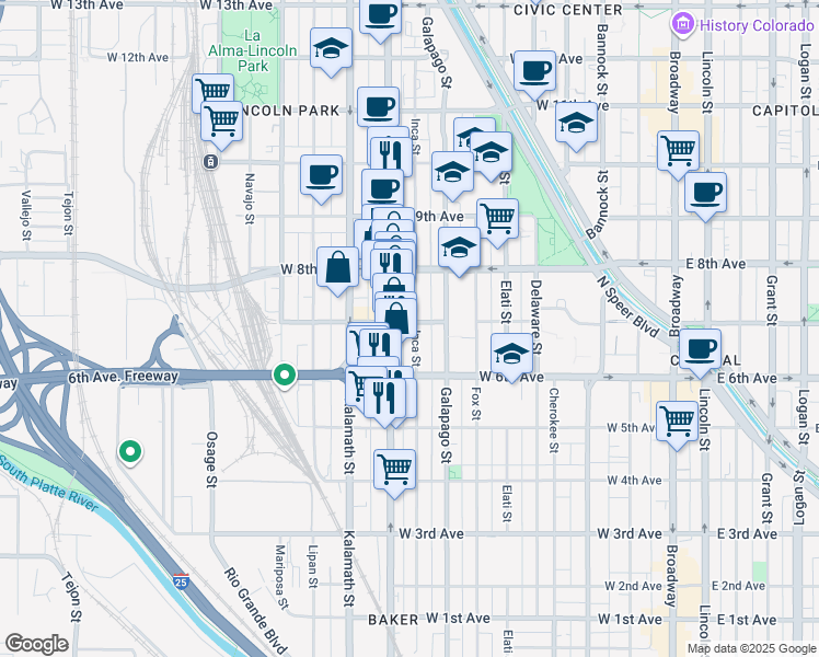 map of restaurants, bars, coffee shops, grocery stores, and more near in Denver