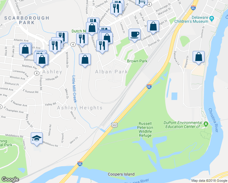 map of restaurants, bars, coffee shops, grocery stores, and more near 633 Homestead Road in Wilmington