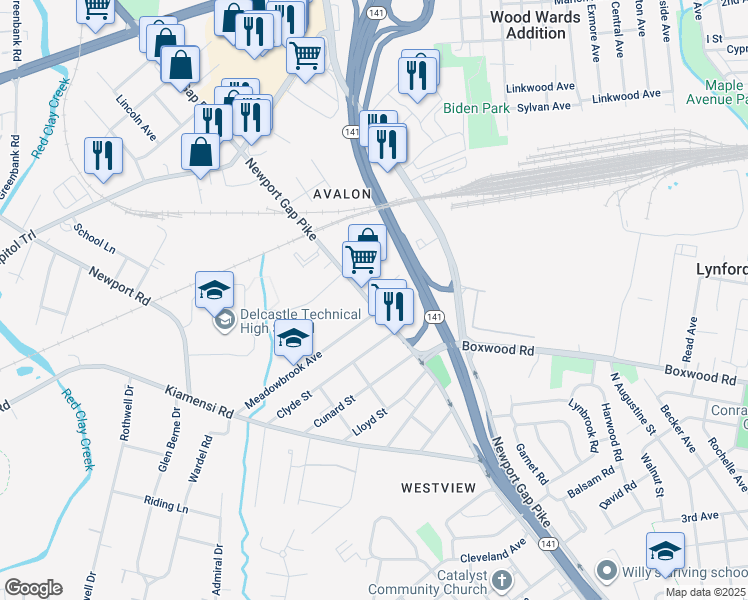 map of restaurants, bars, coffee shops, grocery stores, and more near 1217 Newport Gap Pike in Wilmington