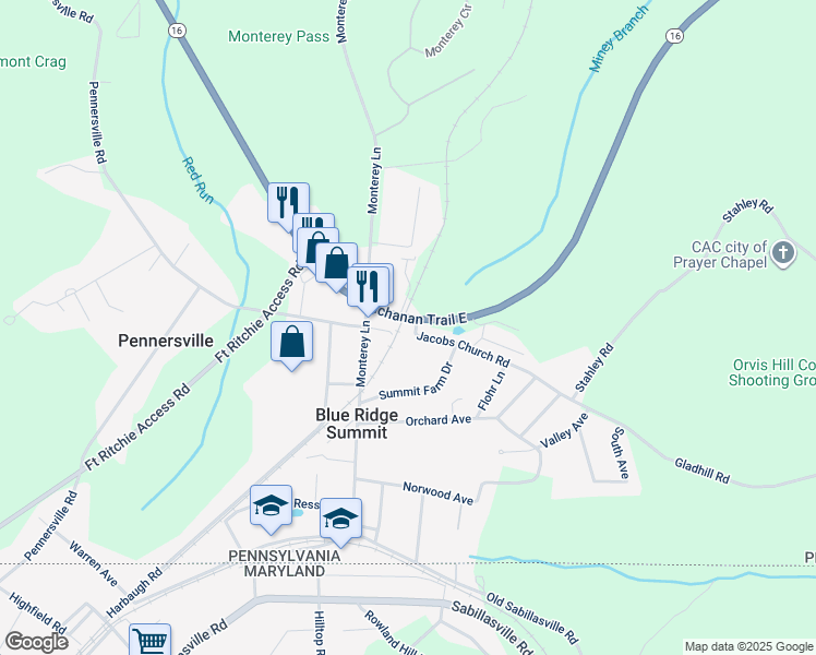 map of restaurants, bars, coffee shops, grocery stores, and more near 15380 Jacobs Church Road in Blue Ridge Summit
