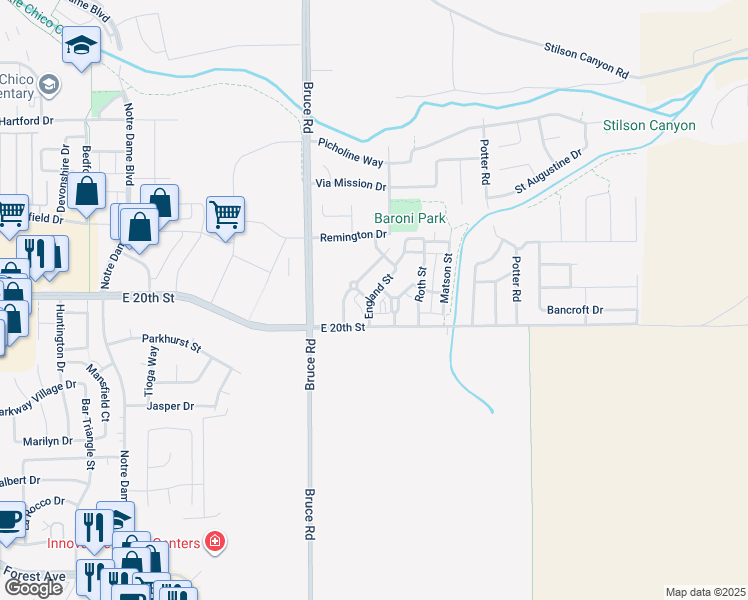 map of restaurants, bars, coffee shops, grocery stores, and more near 2367 England Street in Chico