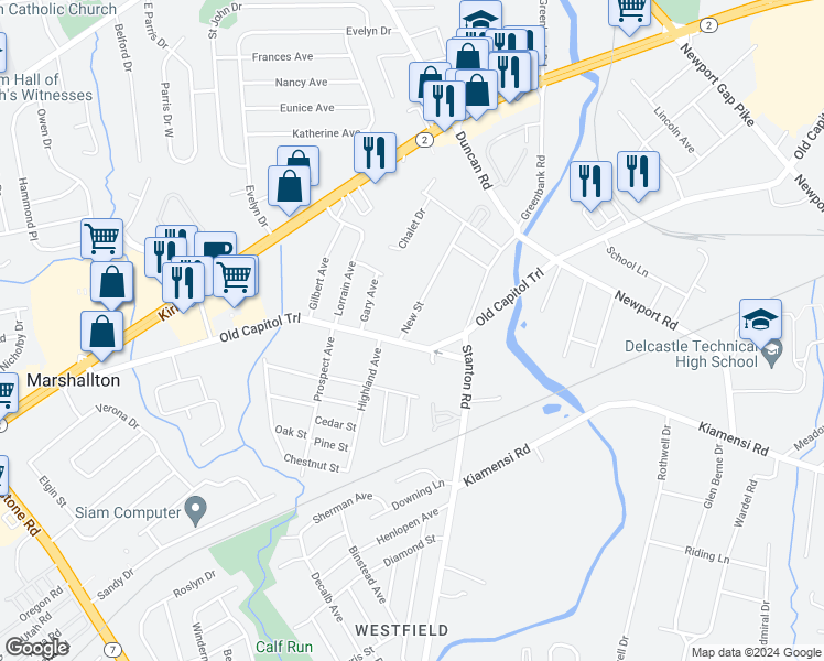 map of restaurants, bars, coffee shops, grocery stores, and more near 1201 New Street in Wilmington