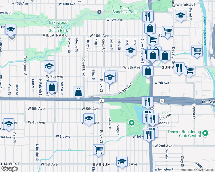 map of restaurants, bars, coffee shops, grocery stores, and more near 695 Julian Street in Denver