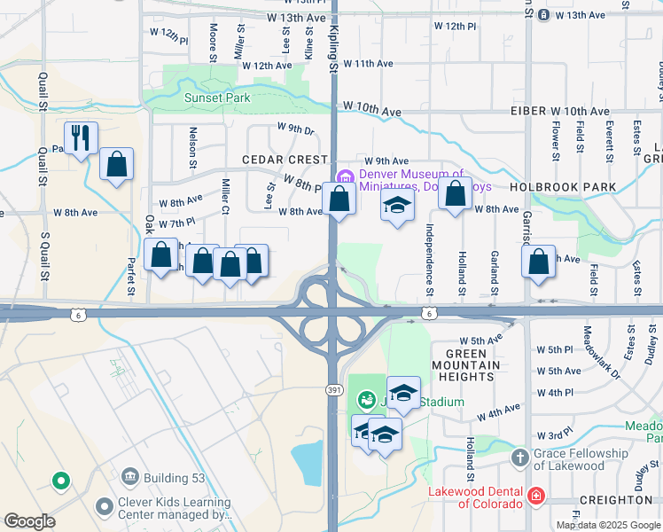 map of restaurants, bars, coffee shops, grocery stores, and more near Kipling St & W 6th Ave in Lakewood