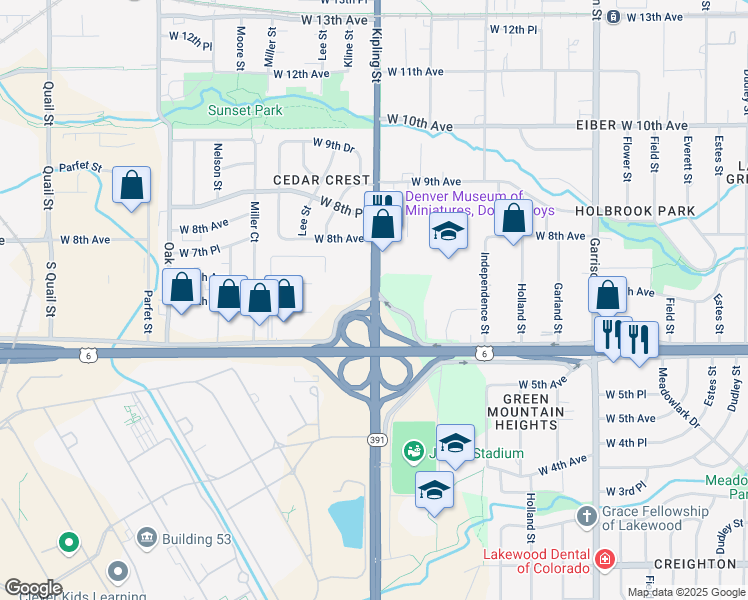 map of restaurants, bars, coffee shops, grocery stores, and more near Kipling St & W 6th Ave in Lakewood