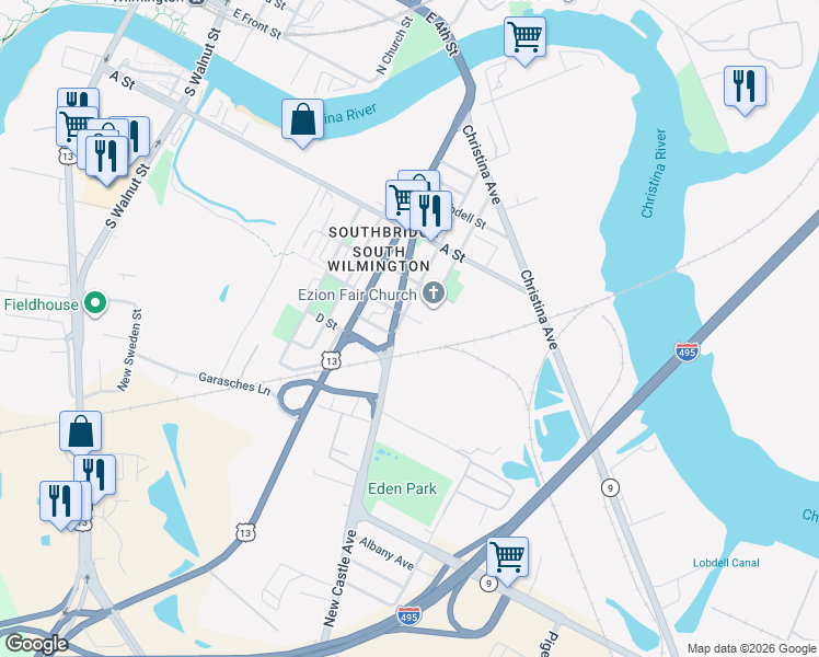 map of restaurants, bars, coffee shops, grocery stores, and more near 600 South Claymont Street in Wilmington