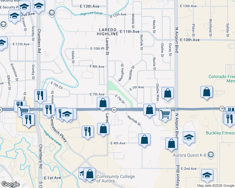 map of restaurants, bars, coffee shops, grocery stores, and more near 16201 East 7th Drive in Aurora
