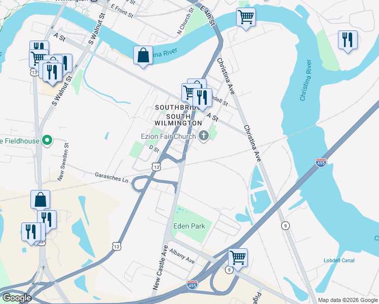 map of restaurants, bars, coffee shops, grocery stores, and more near 600 South Claymont Street in Wilmington