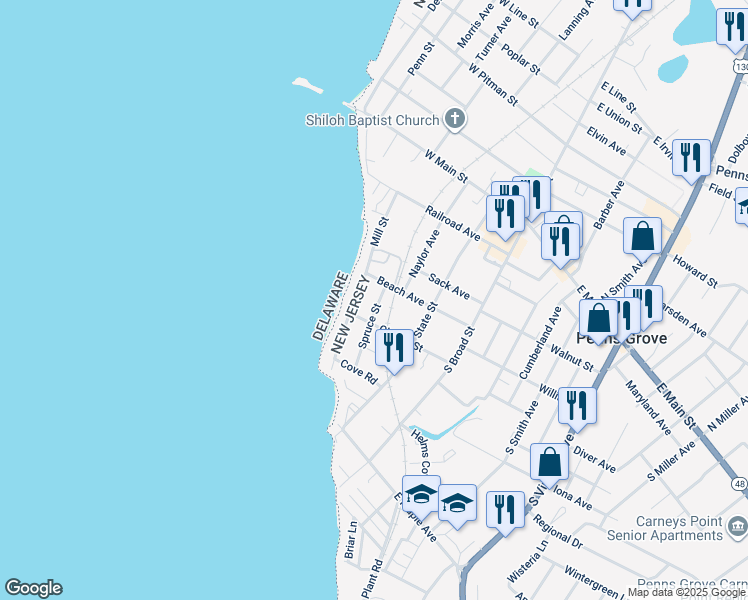 map of restaurants, bars, coffee shops, grocery stores, and more near 8 Spruce Street in Penns Grove