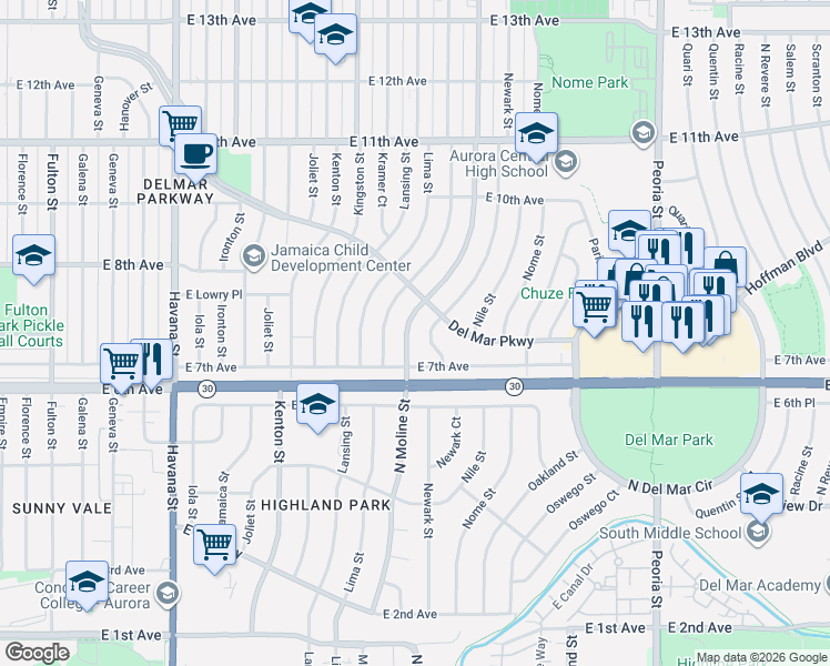 map of restaurants, bars, coffee shops, grocery stores, and more near 765 Newark Street in Aurora