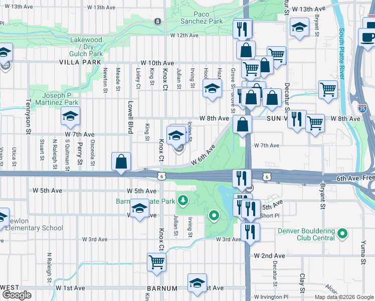map of restaurants, bars, coffee shops, grocery stores, and more near 690 Irving Street in Denver