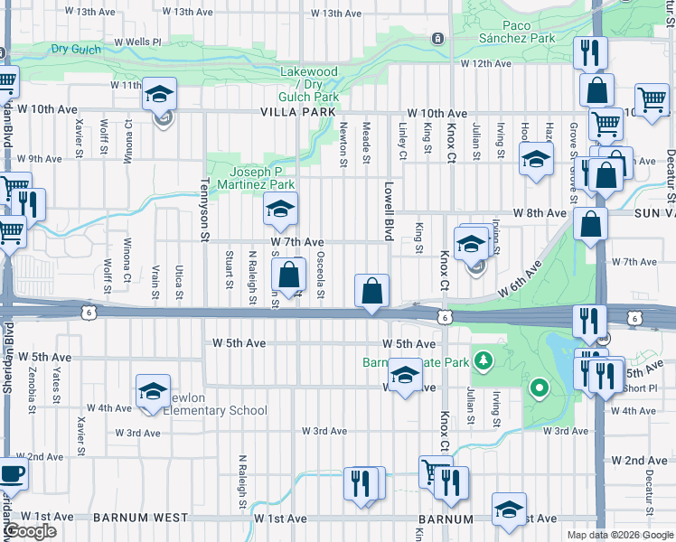 map of restaurants, bars, coffee shops, grocery stores, and more near 649 Newton Street in Denver