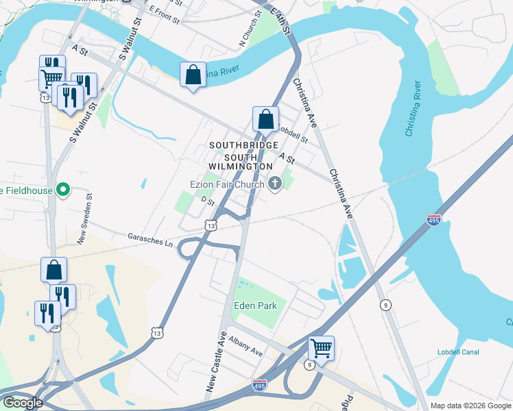 map of restaurants, bars, coffee shops, grocery stores, and more near 600 South Claymont Street in Wilmington