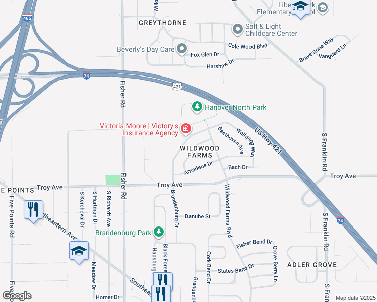 map of restaurants, bars, coffee shops, grocery stores, and more near 2874 Ludwig Drive in Indianapolis