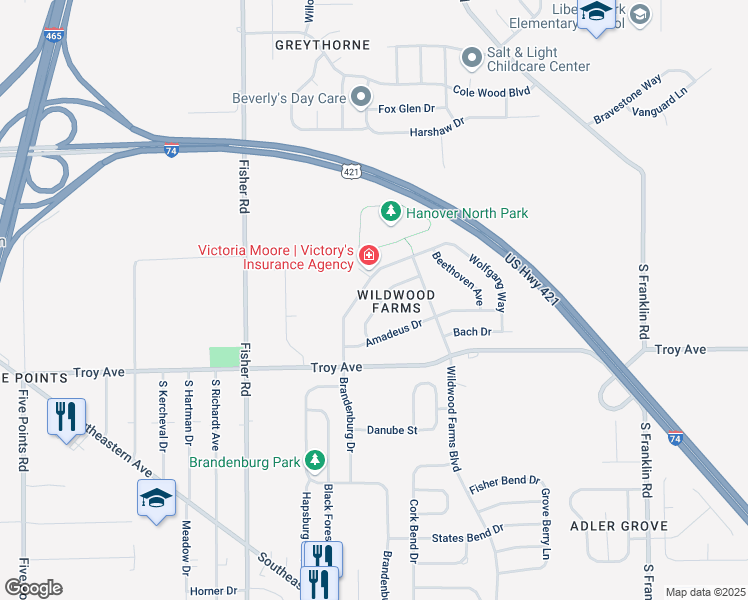 map of restaurants, bars, coffee shops, grocery stores, and more near 2874 Ludwig Drive in Indianapolis
