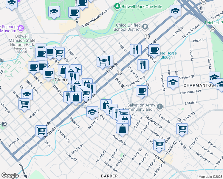 map of restaurants, bars, coffee shops, grocery stores, and more near 940 Olive Street in Chico
