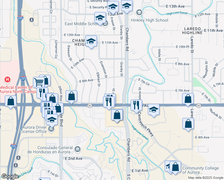 map of restaurants, bars, coffee shops, grocery stores, and more near 711 Fraser Street in Aurora