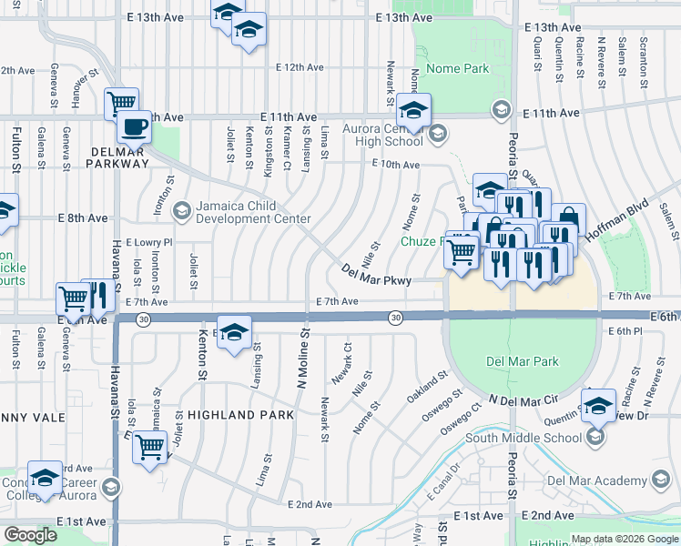 map of restaurants, bars, coffee shops, grocery stores, and more near 765 Newark Street in Aurora