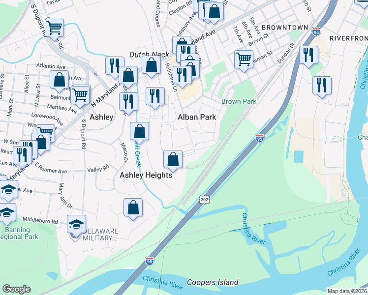 map of restaurants, bars, coffee shops, grocery stores, and more near 308 Robinson Lane in Wilmington
