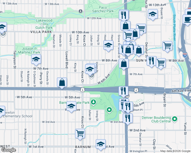 map of restaurants, bars, coffee shops, grocery stores, and more near 690 Irving Street in Denver