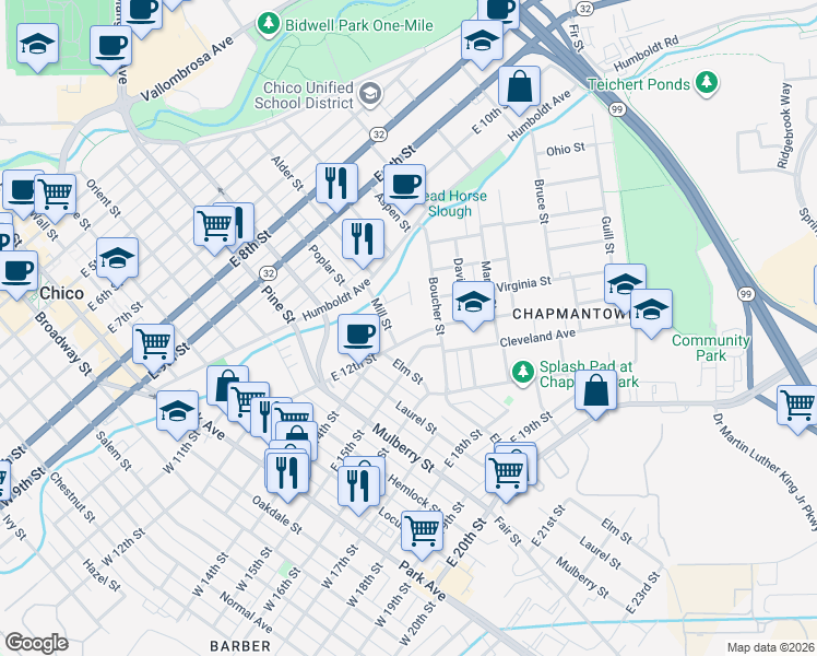 map of restaurants, bars, coffee shops, grocery stores, and more near 684 East 12th Street in Chico