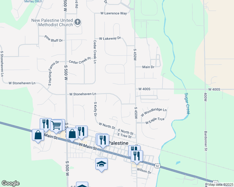 map of restaurants, bars, coffee shops, grocery stores, and more near 4638 West Stonehaven Lane in New Palestine