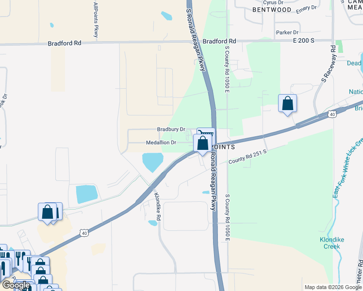 map of restaurants, bars, coffee shops, grocery stores, and more near 10290 Medallion Drive in Indianapolis