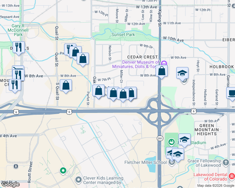 map of restaurants, bars, coffee shops, grocery stores, and more near 10373 West 6th Place in Denver
