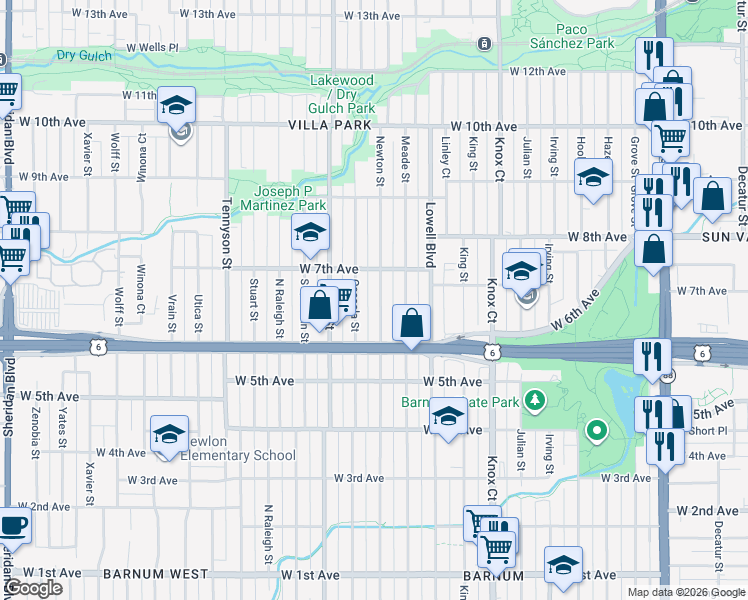 map of restaurants, bars, coffee shops, grocery stores, and more near 649 Newton Street in Denver