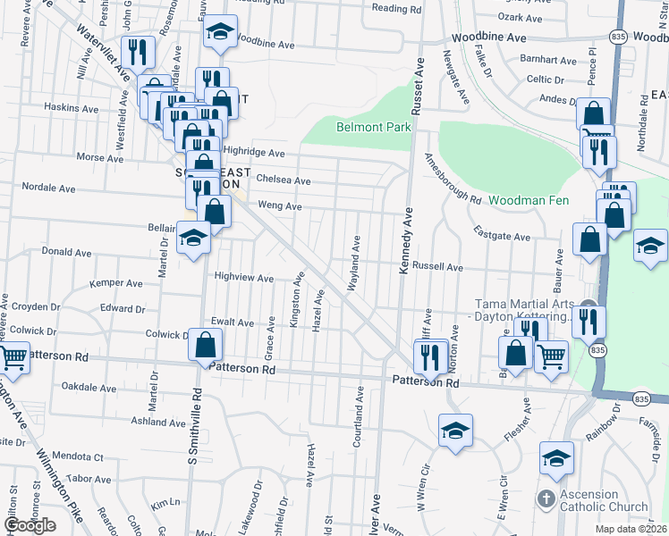 map of restaurants, bars, coffee shops, grocery stores, and more near 1310 Russell Avenue in Dayton